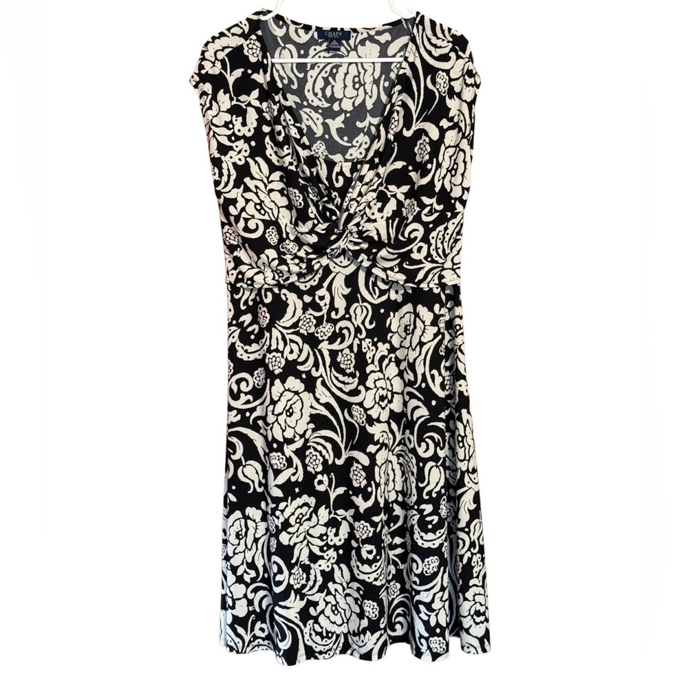 Chaps Black White Floral Dress XL Twist Front Fit & Flare Stretch